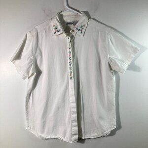 Womens Vintage Basic Editions Floral Embroidered Button Shirt M Cotton Flaw